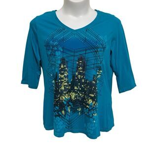 Style & Co Sport Top Women's 2X Teal 3/4 Sleeve V Neck Studded Casual Pullover
